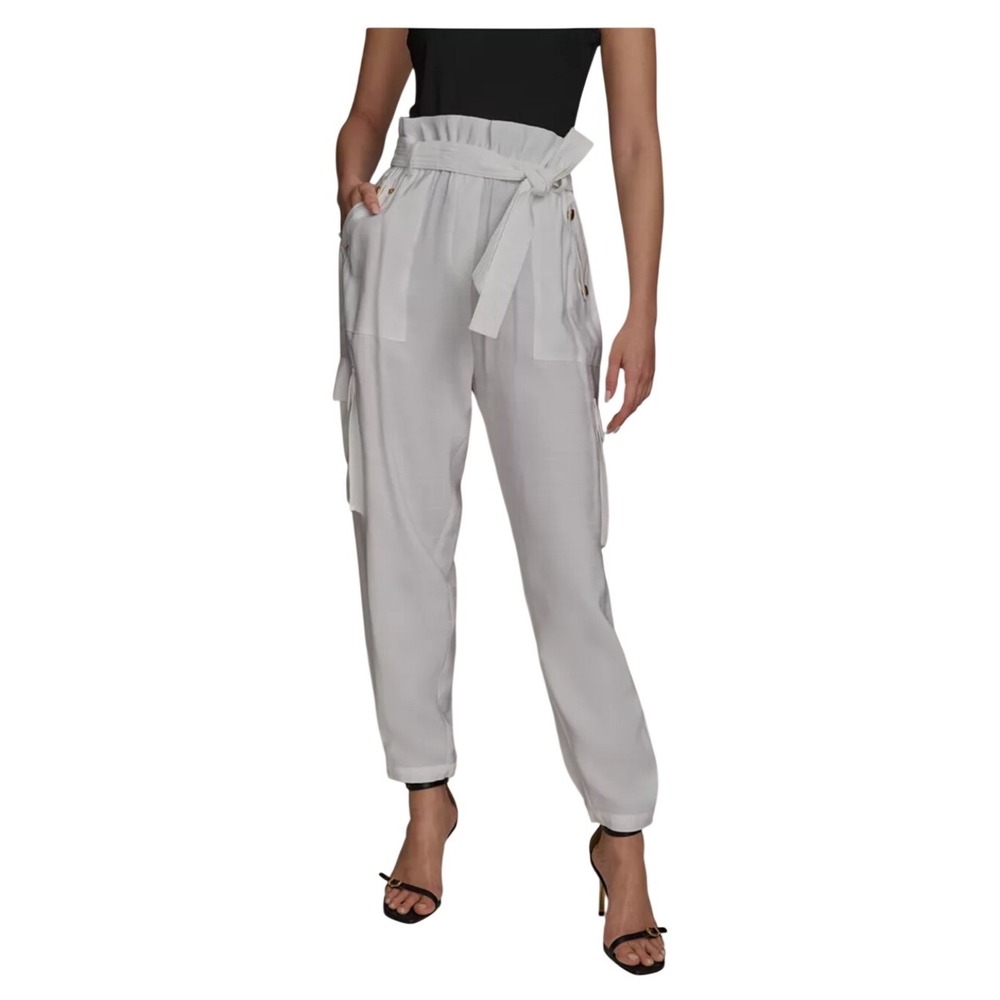 Donnakaran New York White Cargo Pants Tie Waist High Rise Cropped Size 4